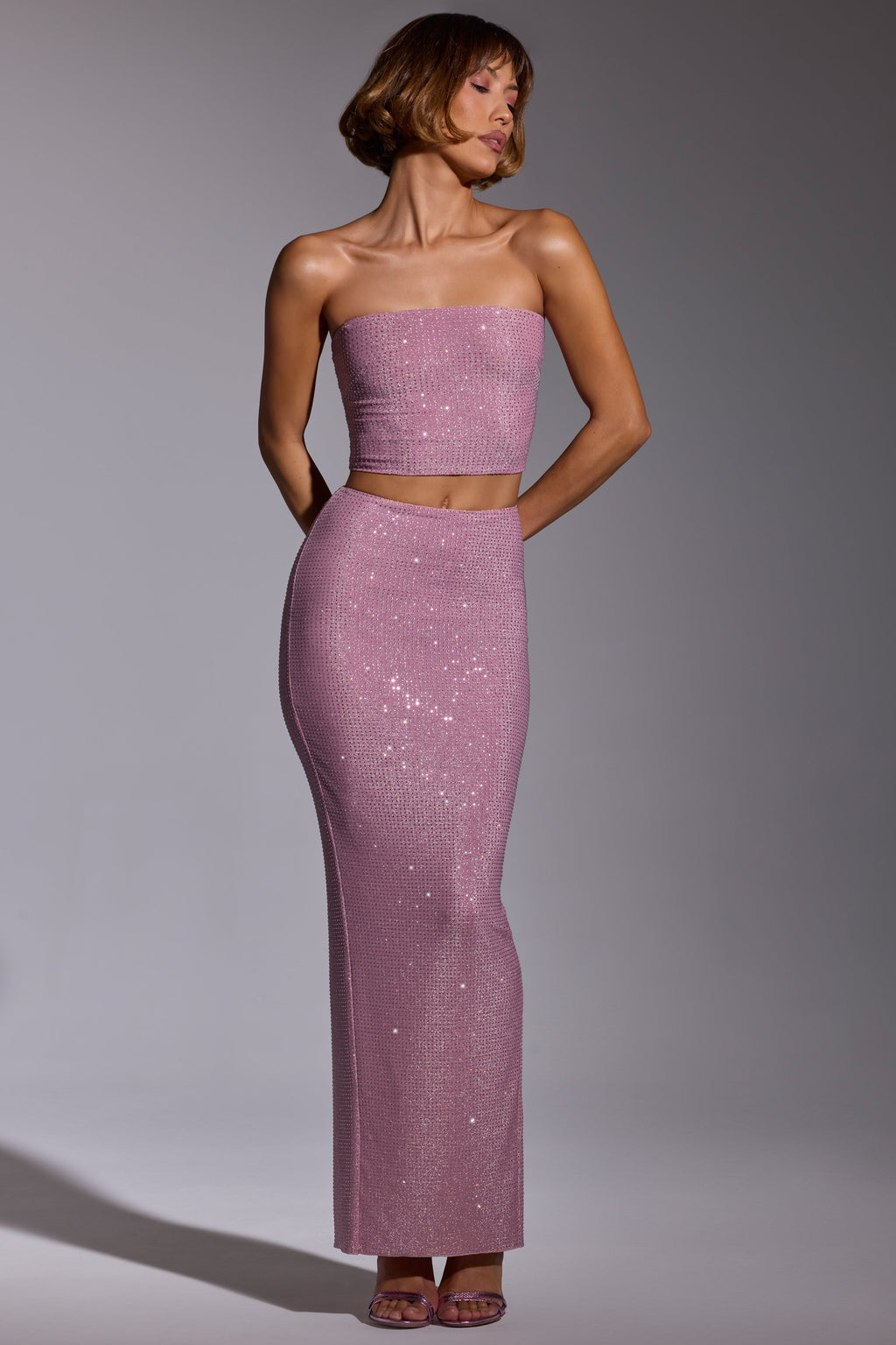 Embellished Mid Rise Maxi Skirt in Light Pink