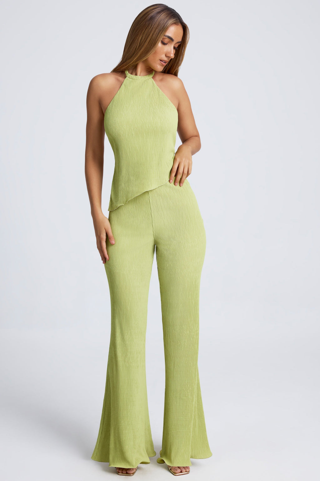 Open-Back Asymmetric Halterneck Top in Olive Green