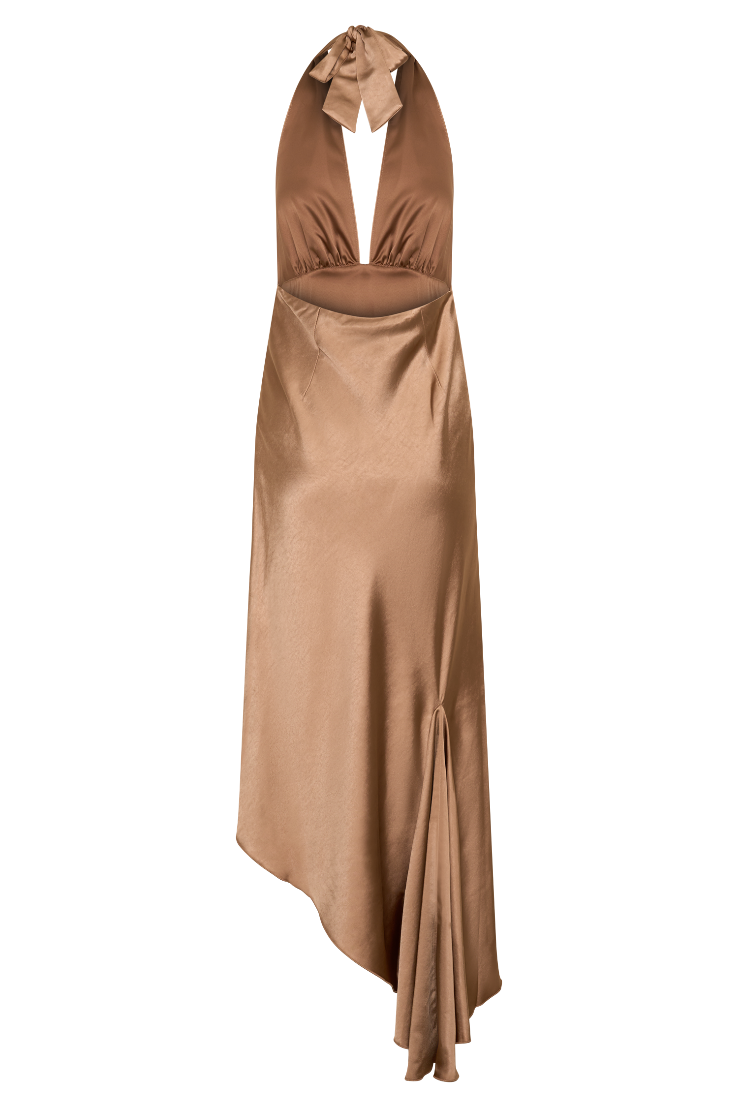 Adelie Asymmetric Hem Halter Midi Dress - Cognac