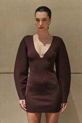 Billy Balloon Sleeve Knit Mini Dress - Dark Chocolate