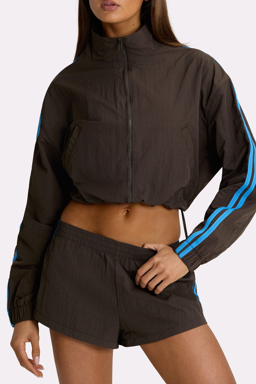 Woven Zip-Up Track Jacket in Truffle