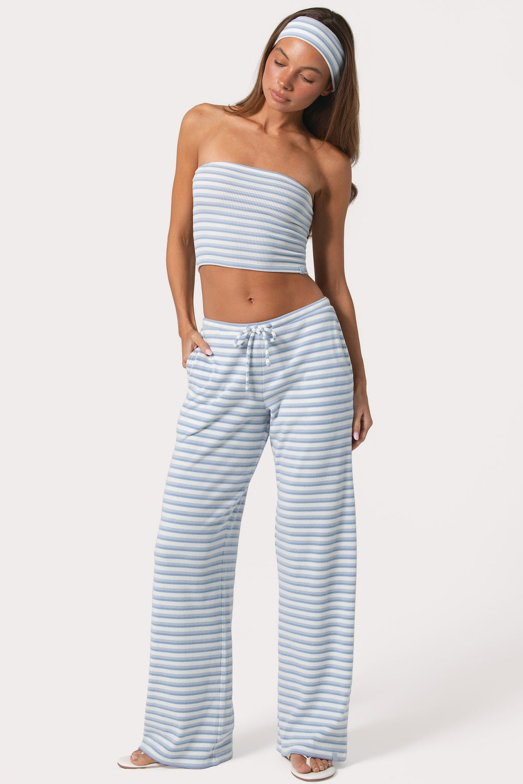 Ribbed Jersey Low-Rise Trousers in Blue Stripe