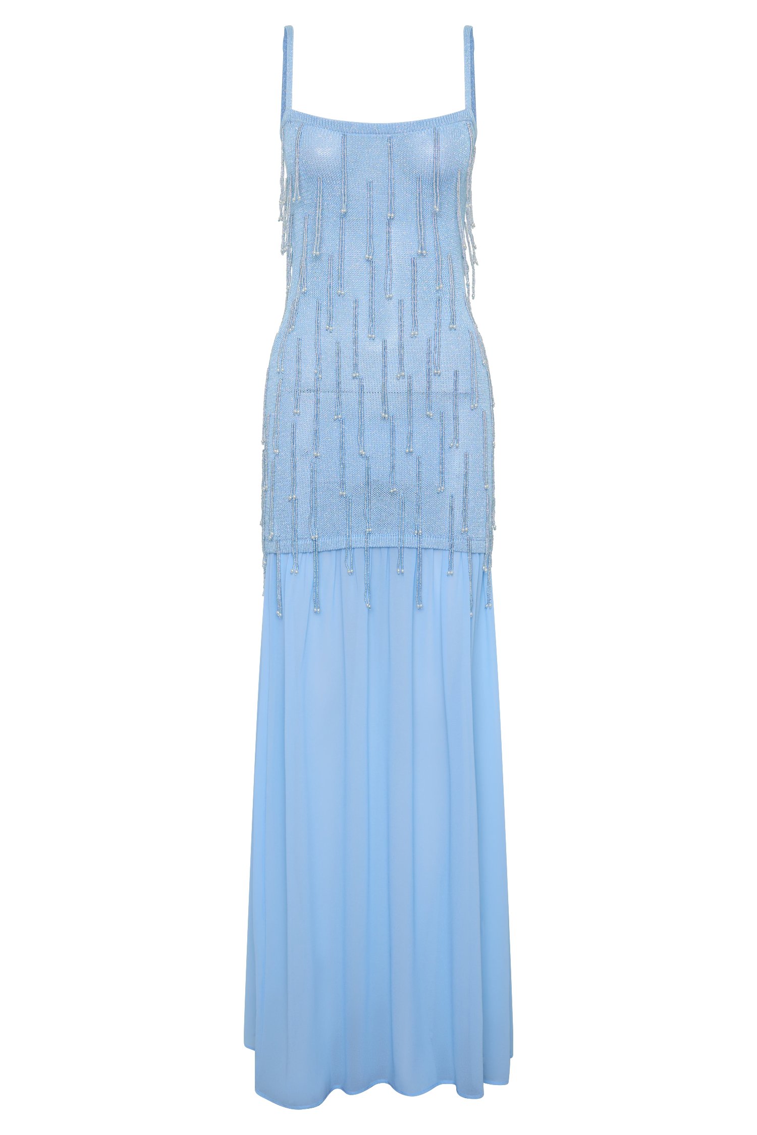 Belinda Beaded Knit & Chiffon Maxi Dress - Light Blue
