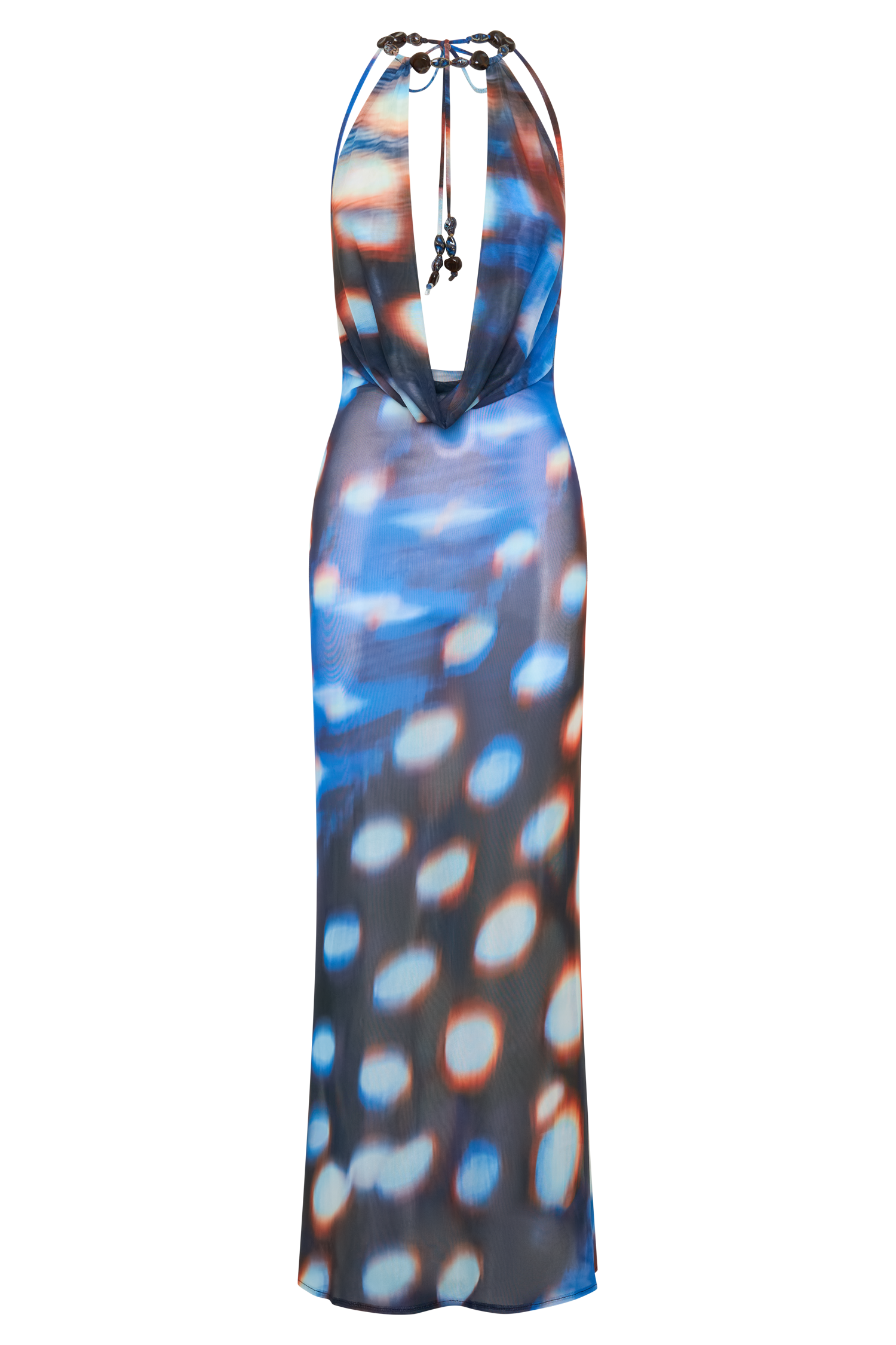 Ethel Mesh Cowl Plunge Maxi - Blue Abstract Print