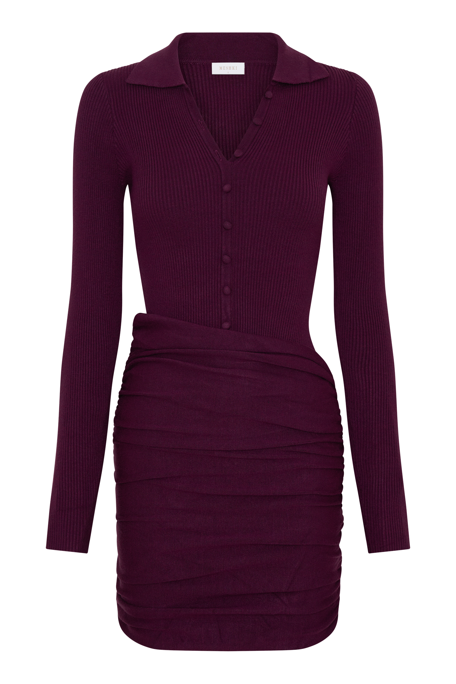 Agness Long Sleeve Button Up Knit Dress - Plum
