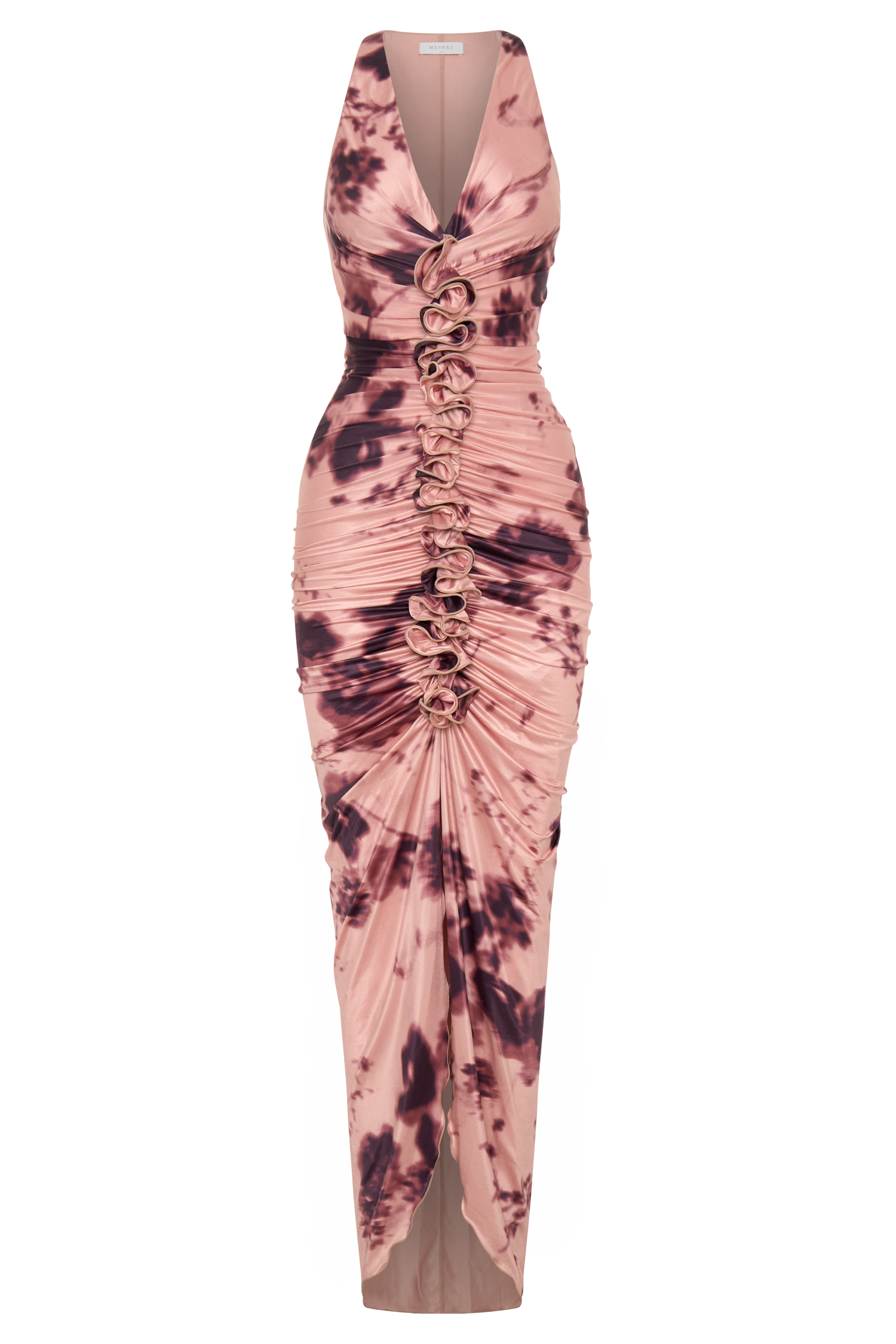 Alessandra Slinky Ruffle Maxi Dress - Pink Blurred Floral Print