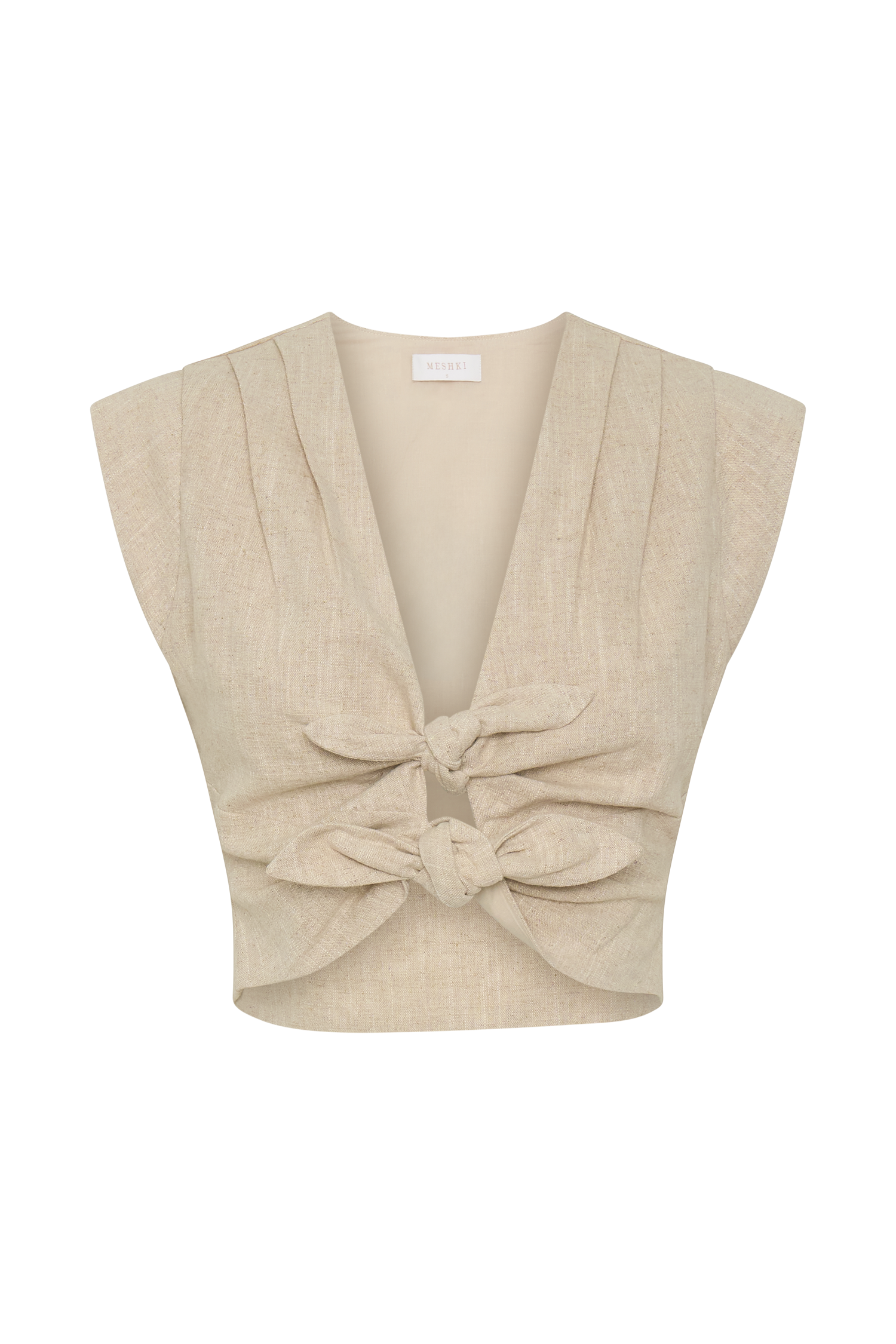 Anahita Linen Front Bows Short Sleeve Top - Natural