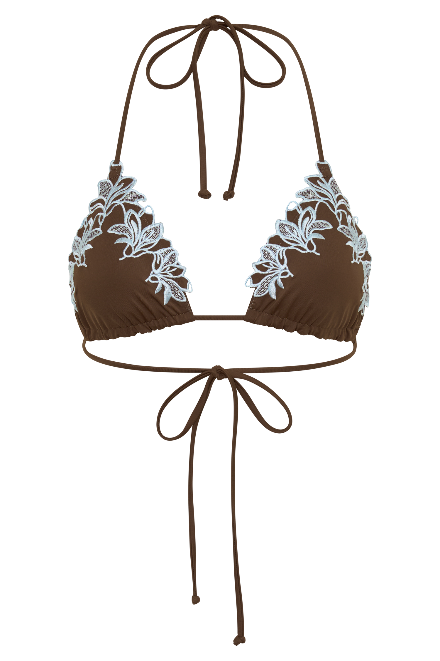 Bloom Embroidered Triangle Bikini Top - Chocolate With Pale Blue Embroidery