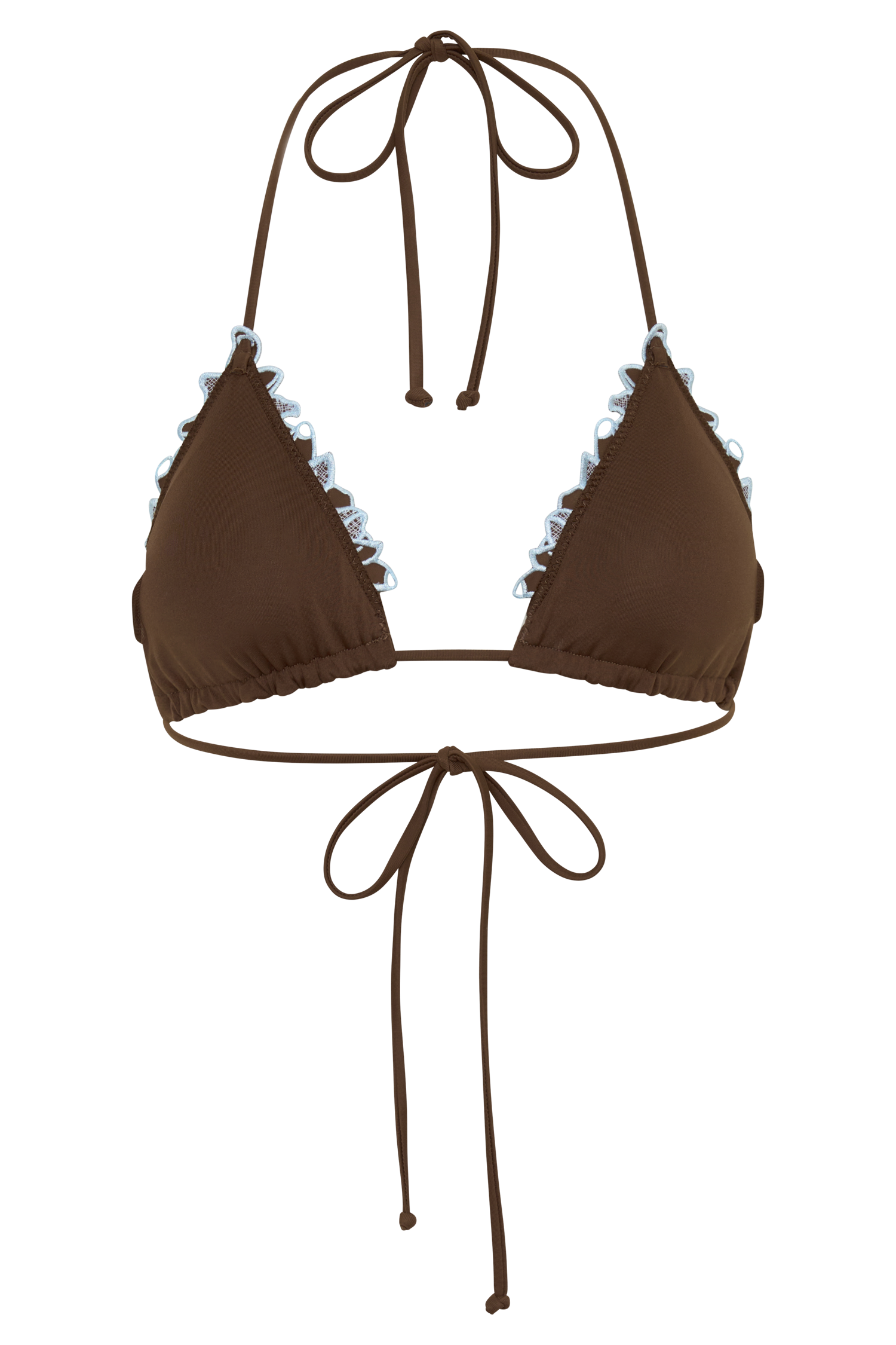 Bloom Embroidered Triangle Bikini Top - Chocolate With Pale Blue Embroidery