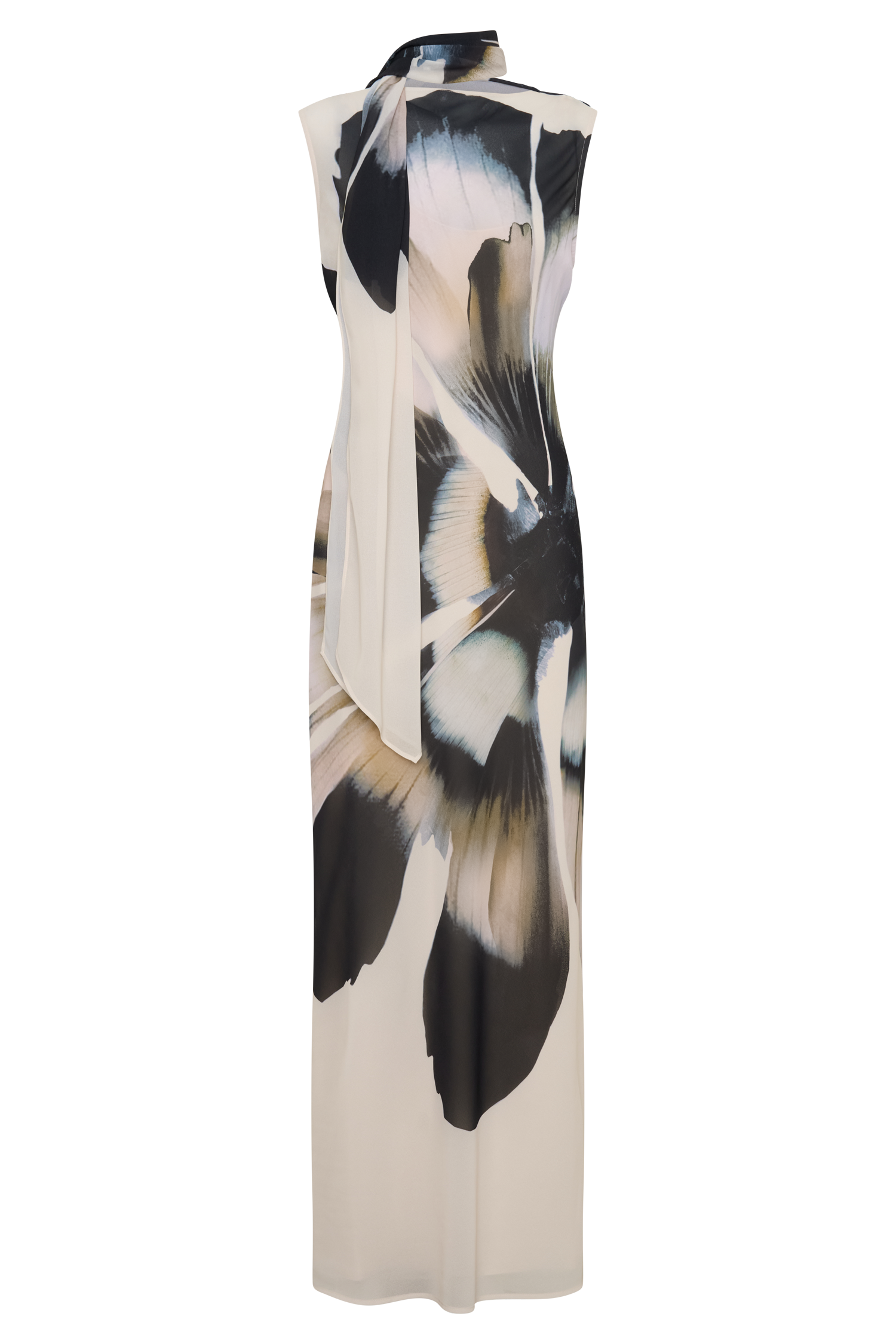 Dakota Chiffon Maxi Dress With Scarf - Ivory Oversized Floral Print