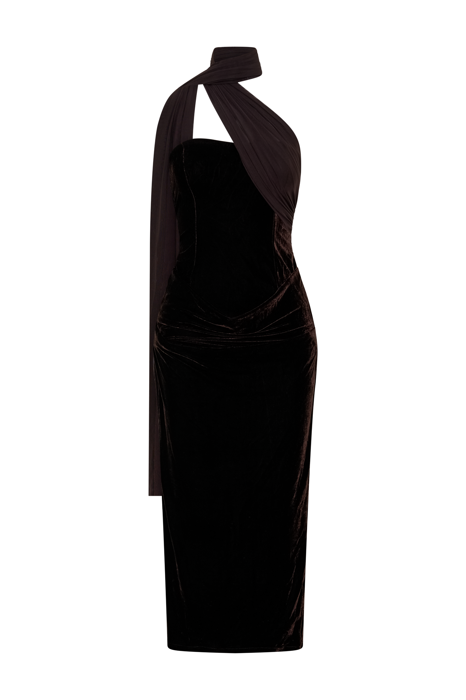 Mattea Velvet Midi Dress With Scarf - Chocolate