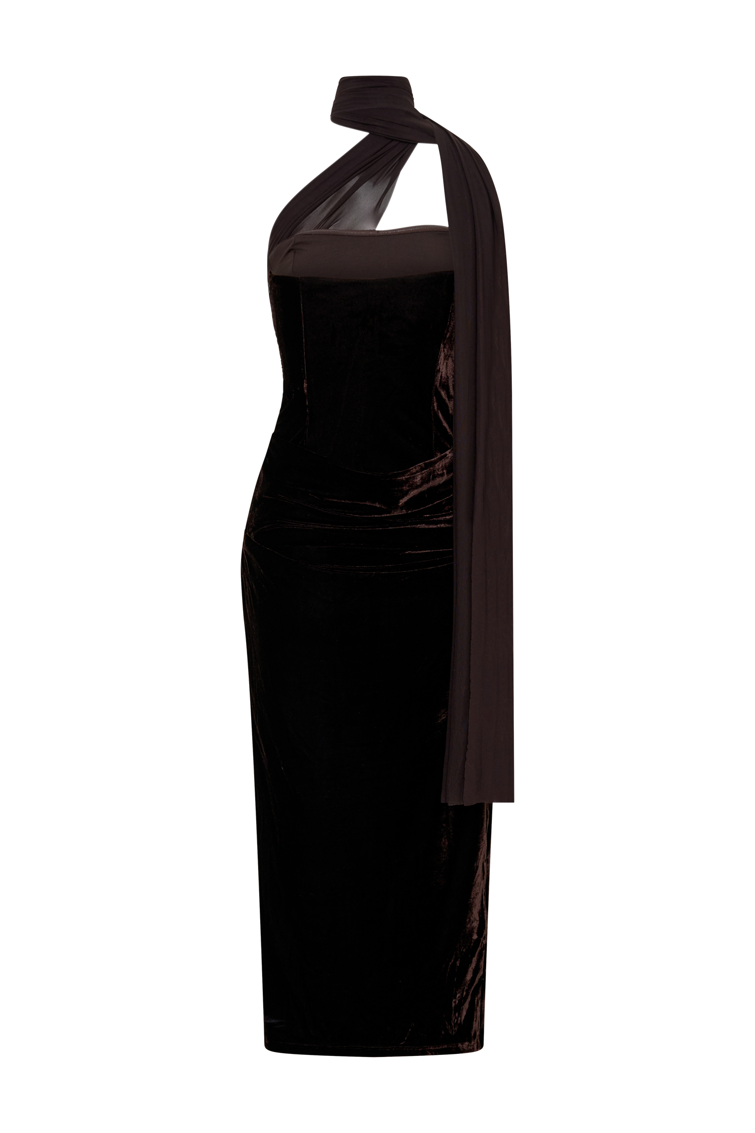 Mattea Velvet Midi Dress With Scarf - Chocolate