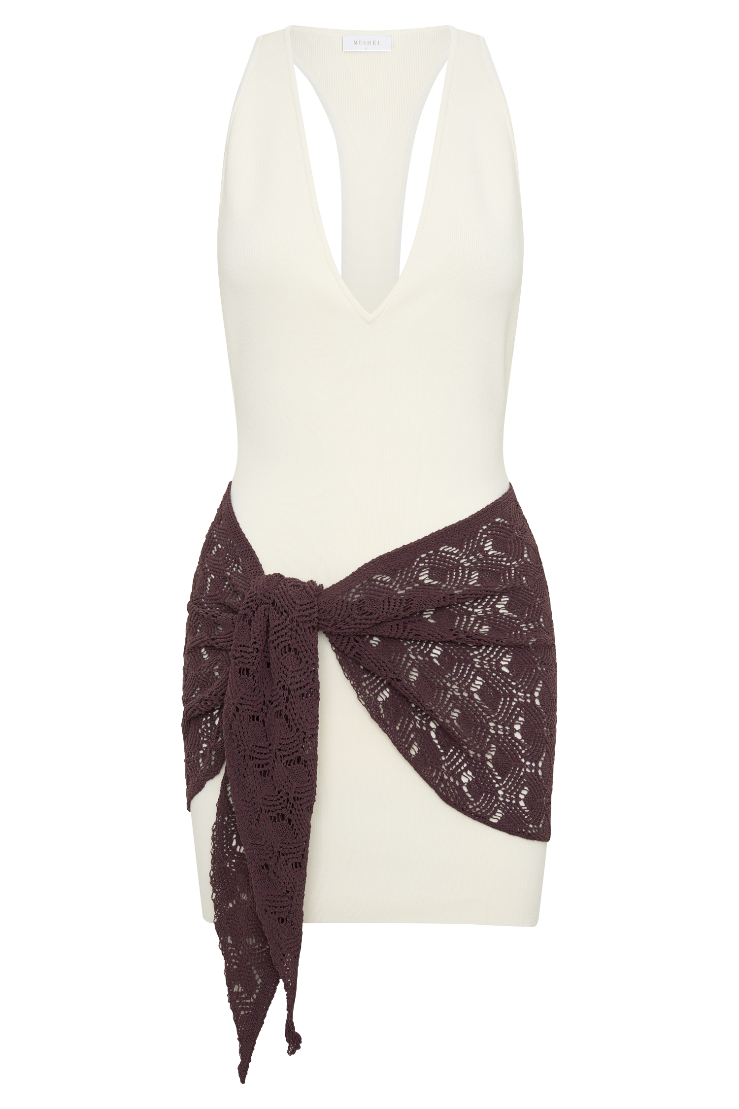 Mollie Mini Dress With Crochet Overlay - White/Chocolate