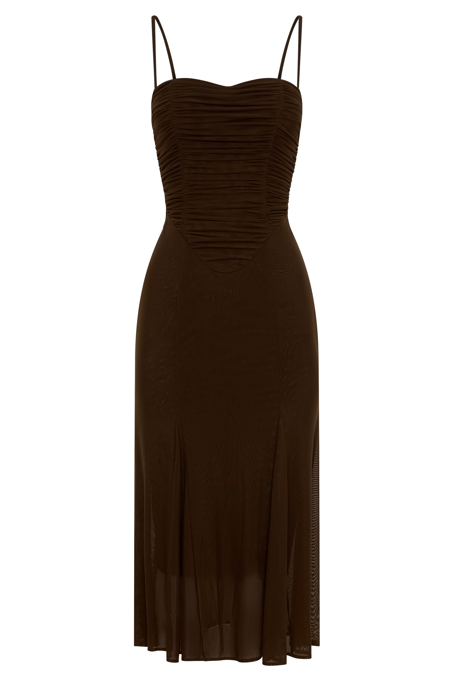 Willa Gathered Mesh Midi Dress - Chocolate