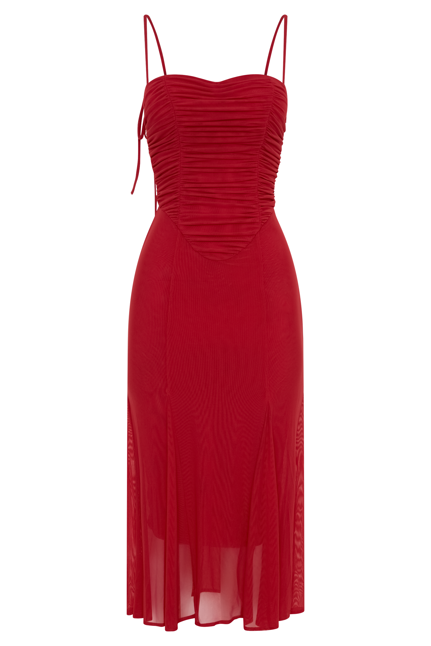 Willa Gathered Mesh Midi Dress - Ruby