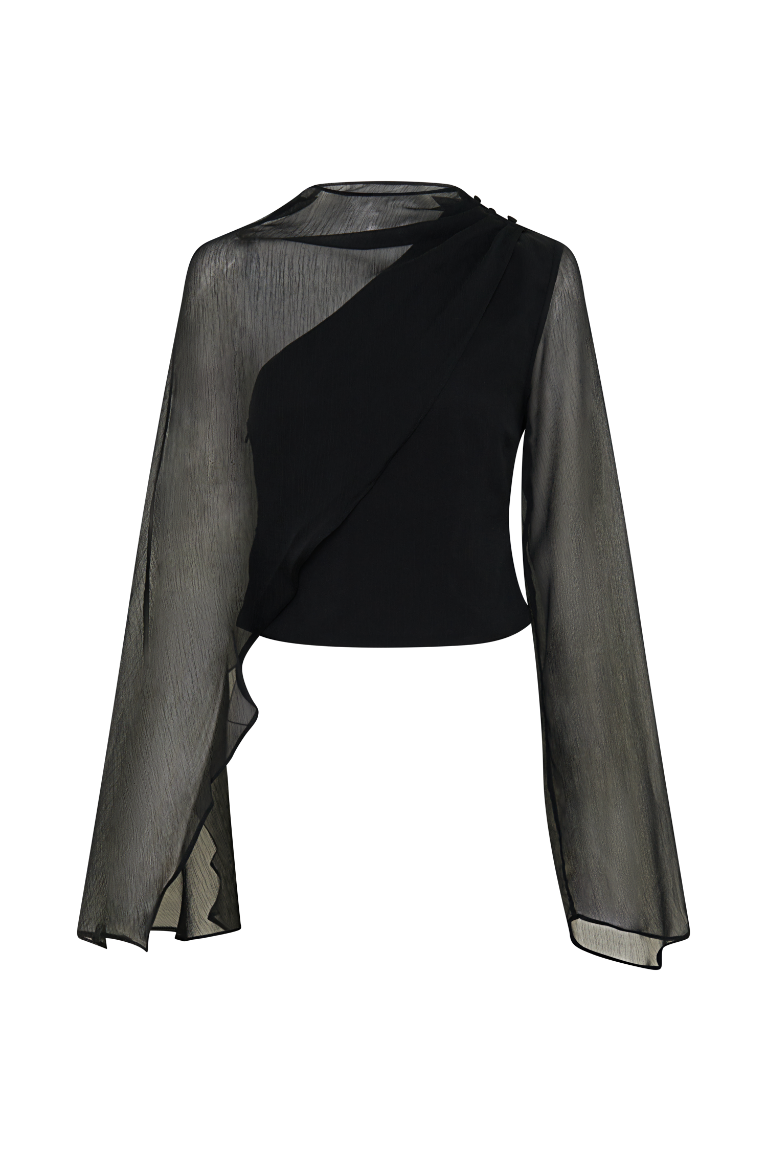 Ida Sheer Asymmetrical Long Sleeve Cape - Black