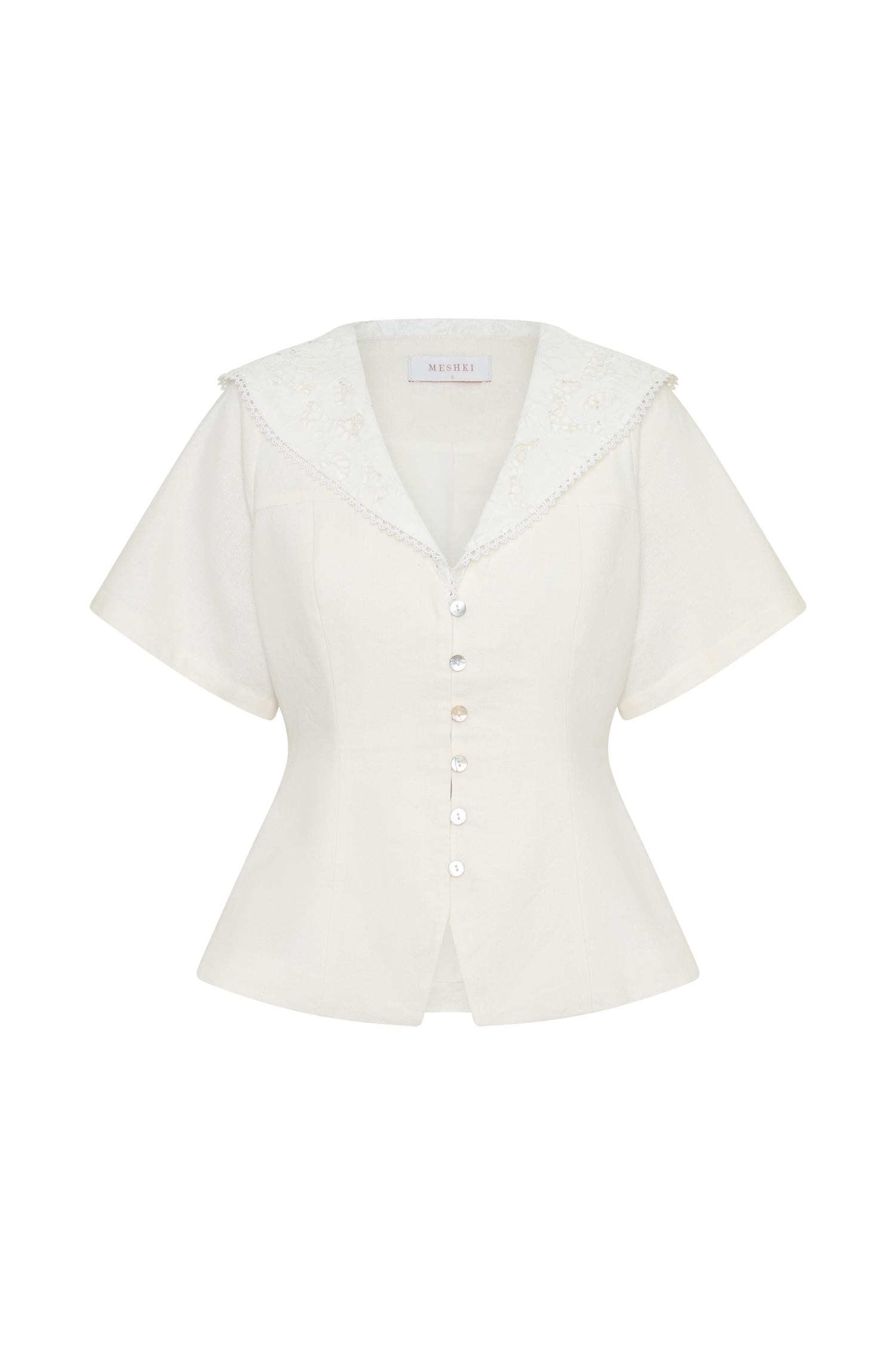 Melody Short Sleeve Shirt With Lace Collar - White