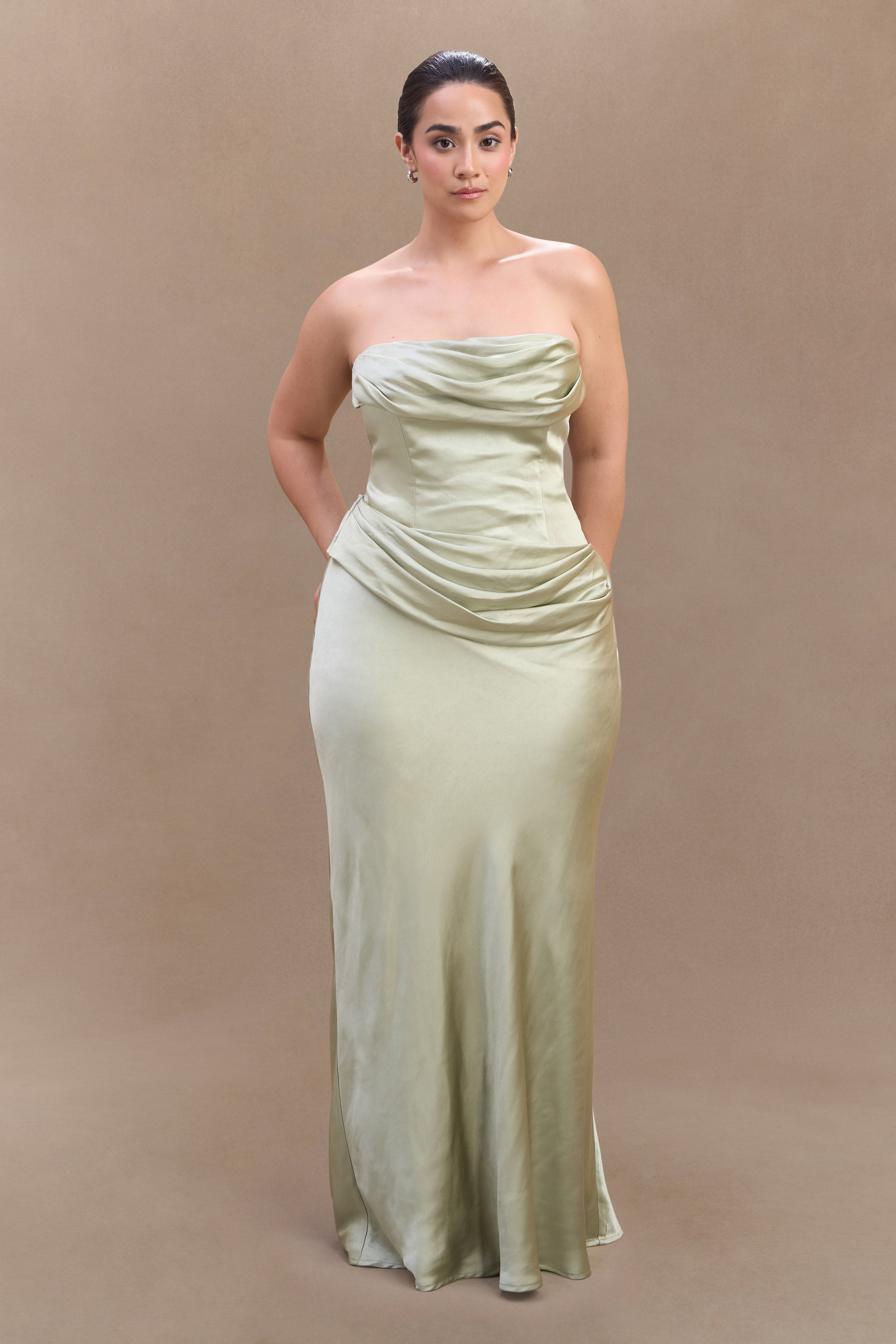 Jasmine Strapless Satin Maxi Dress - Sage