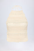 Ruffled High-Neck Backless Top in Ivory