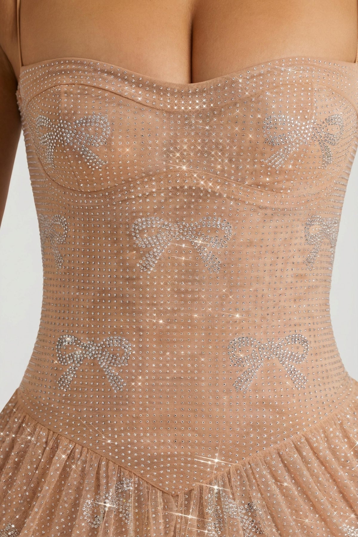 Embellished Strappy Skater Mini Dress in Almond