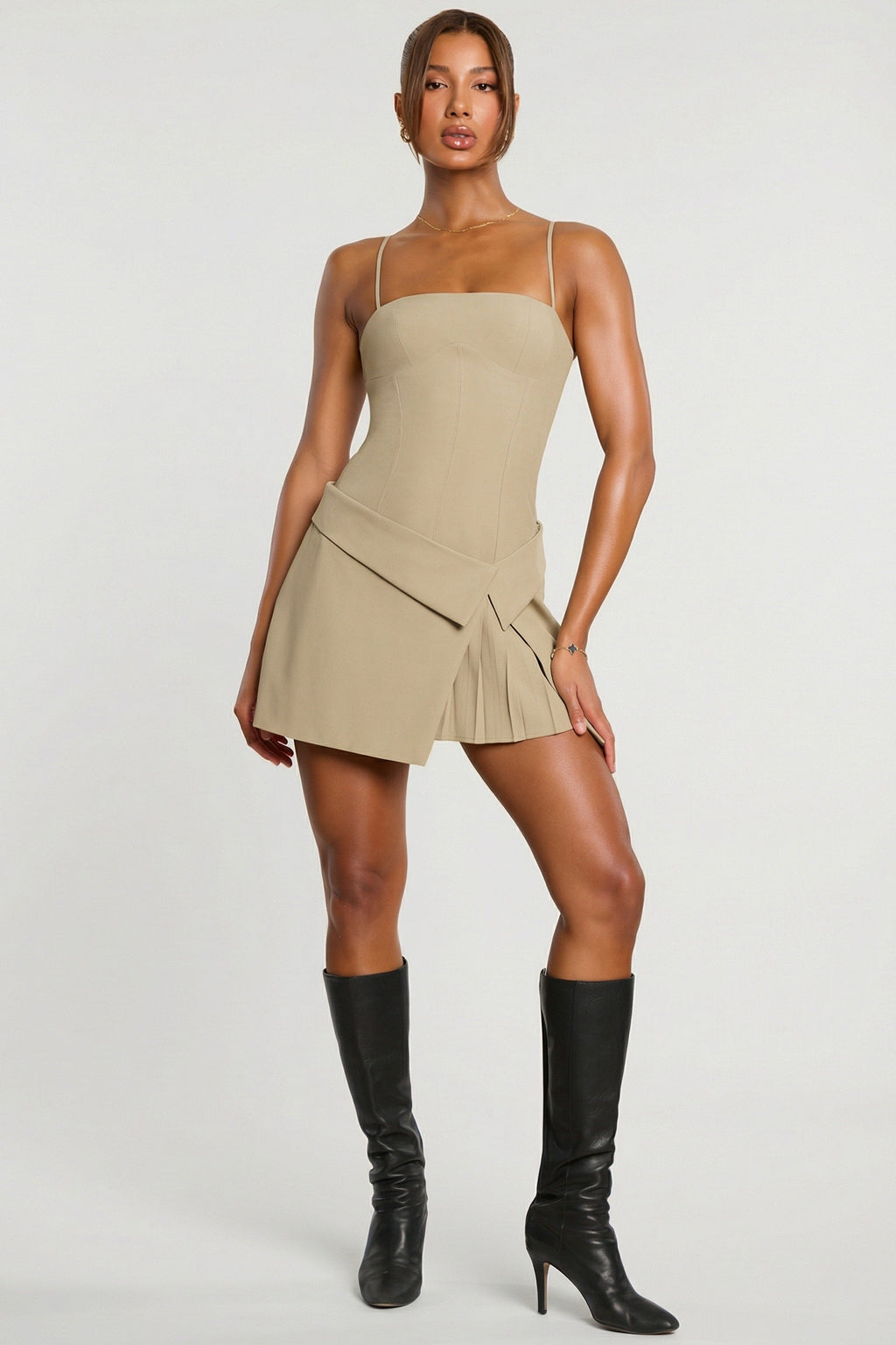 Woven Twill Wrap Over Pleated Mini Dress in Taupe