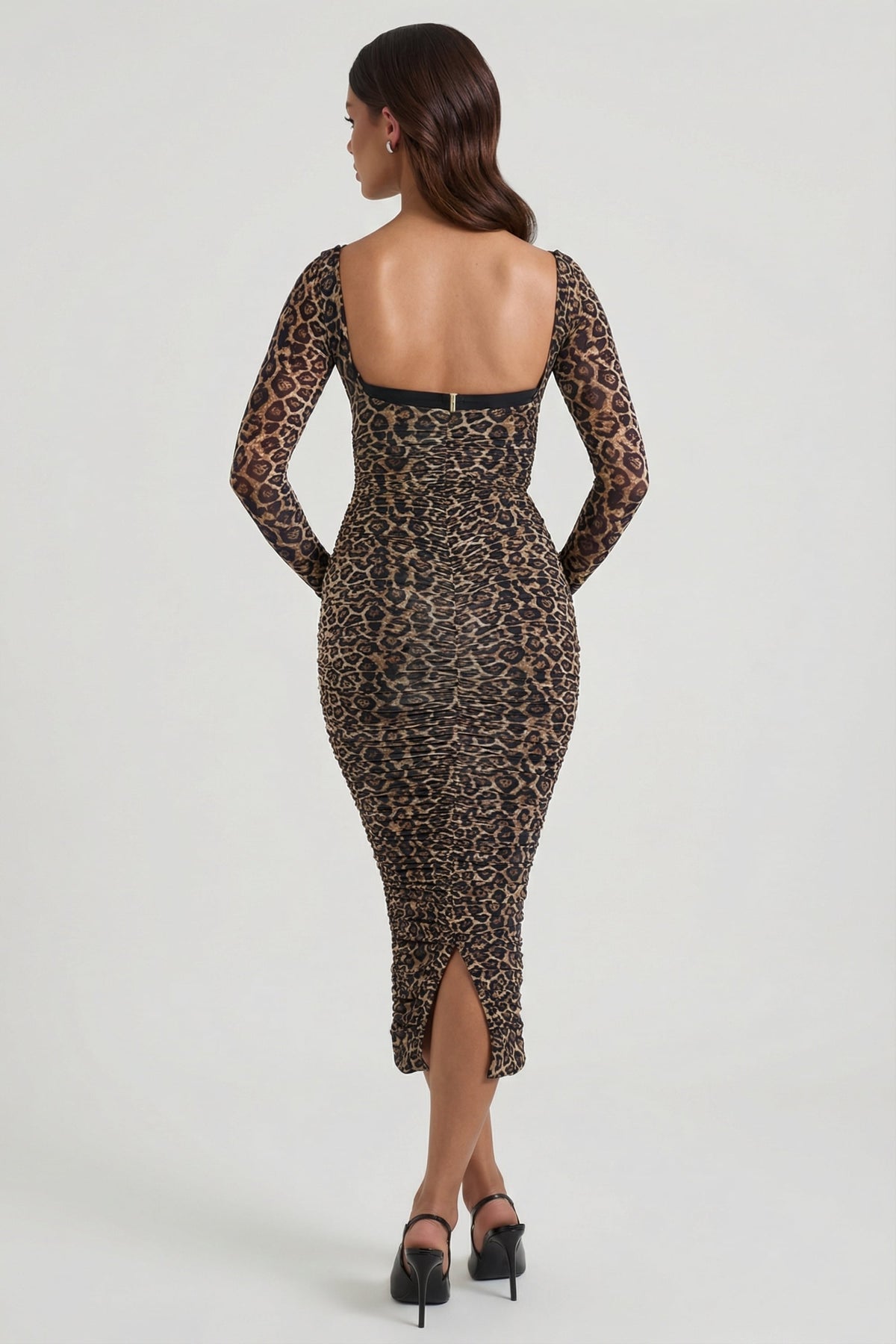 Layered Bra-Detail Ruched Midaxi Dress in Leopard Print