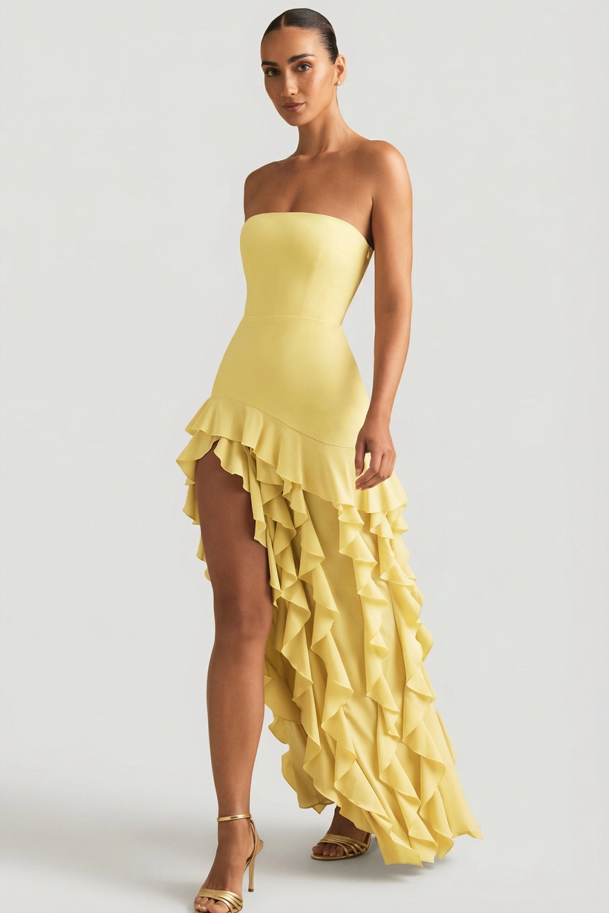 Ruffle-Trim Strapless Gown in Pastel Yellow