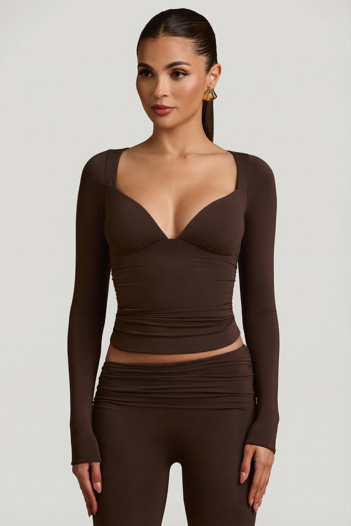 Modal Ruched Long-Sleeve Top in Chocolate Brown