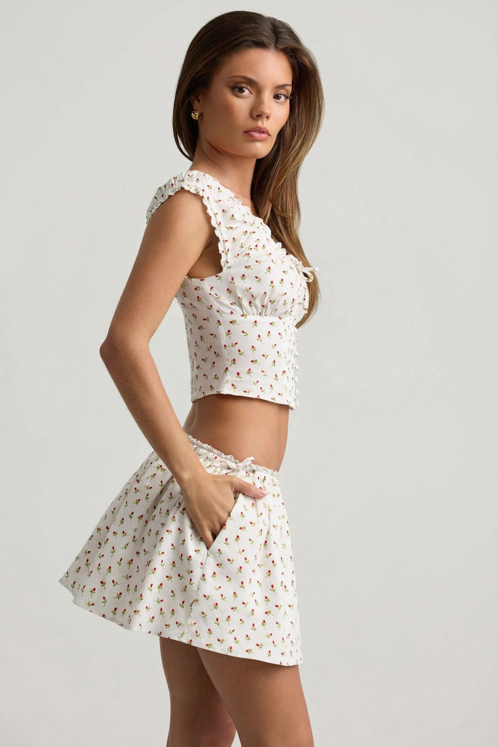 Ruched Cotton-Poplin Corset Top in Rose Print