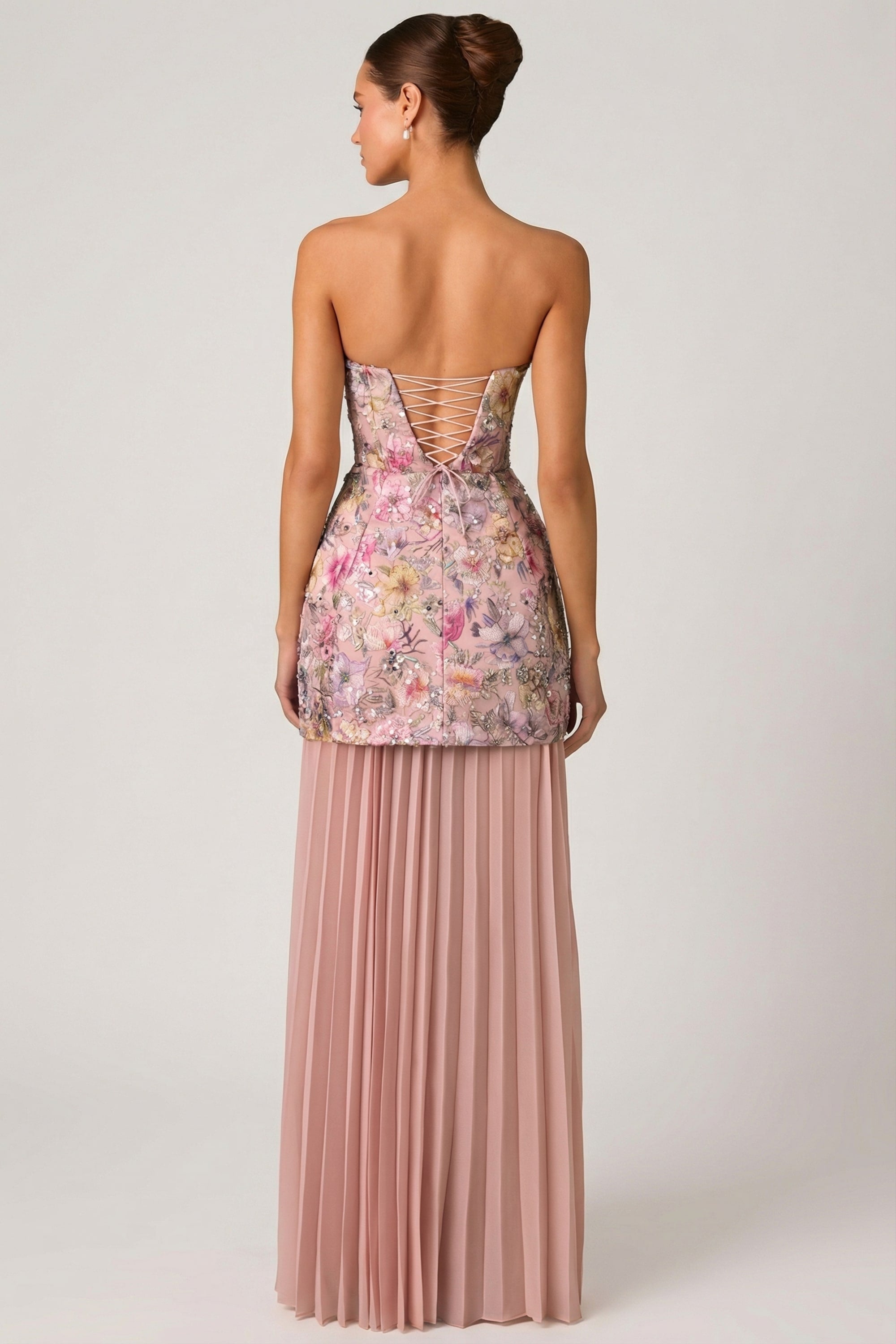 Embellished Convertible Lace-Up Gown in Floral Pink