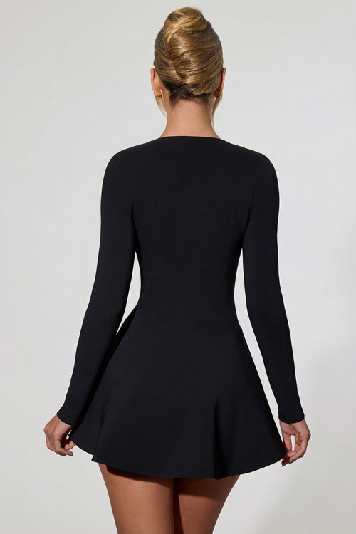 Bow-Detail Plunge-Neck A-Line Mini Dress in Black