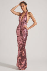 Sequin-Embellished Halterneck Maxi Dress in Pink