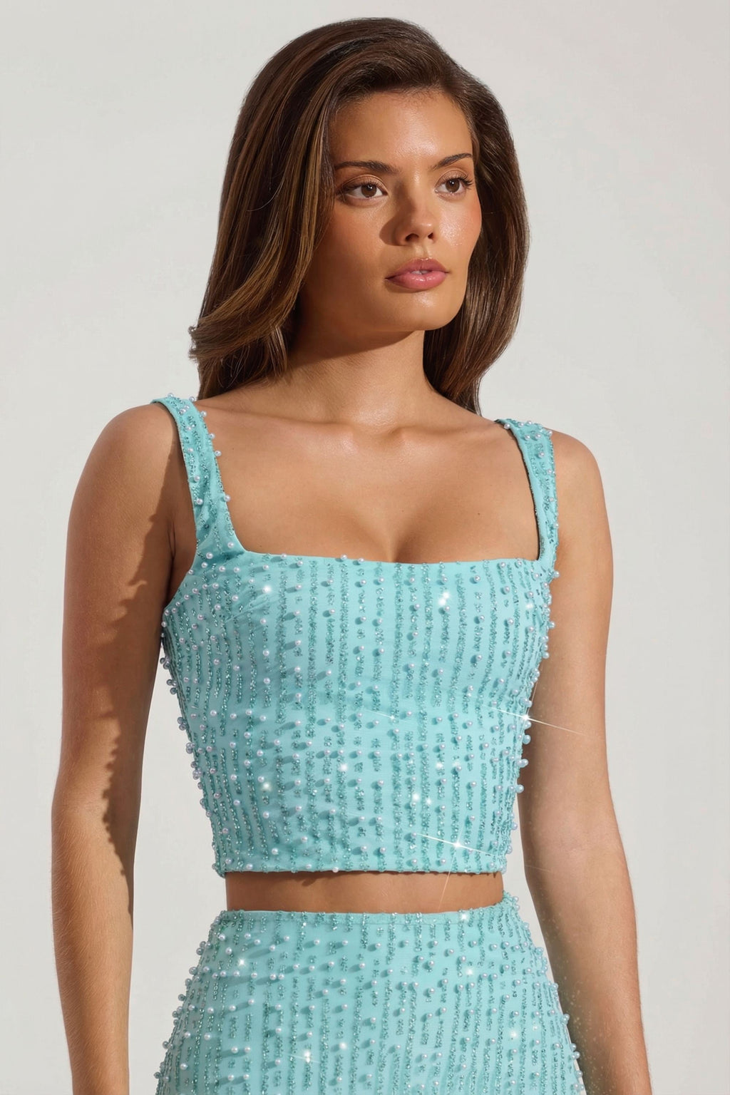 Embellished Square-Neck Crop Top in Aqua Blue