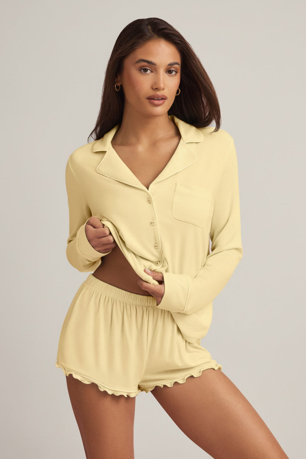Modal Ruffle-Trim Pyjama Shorts in Pastel Yellow