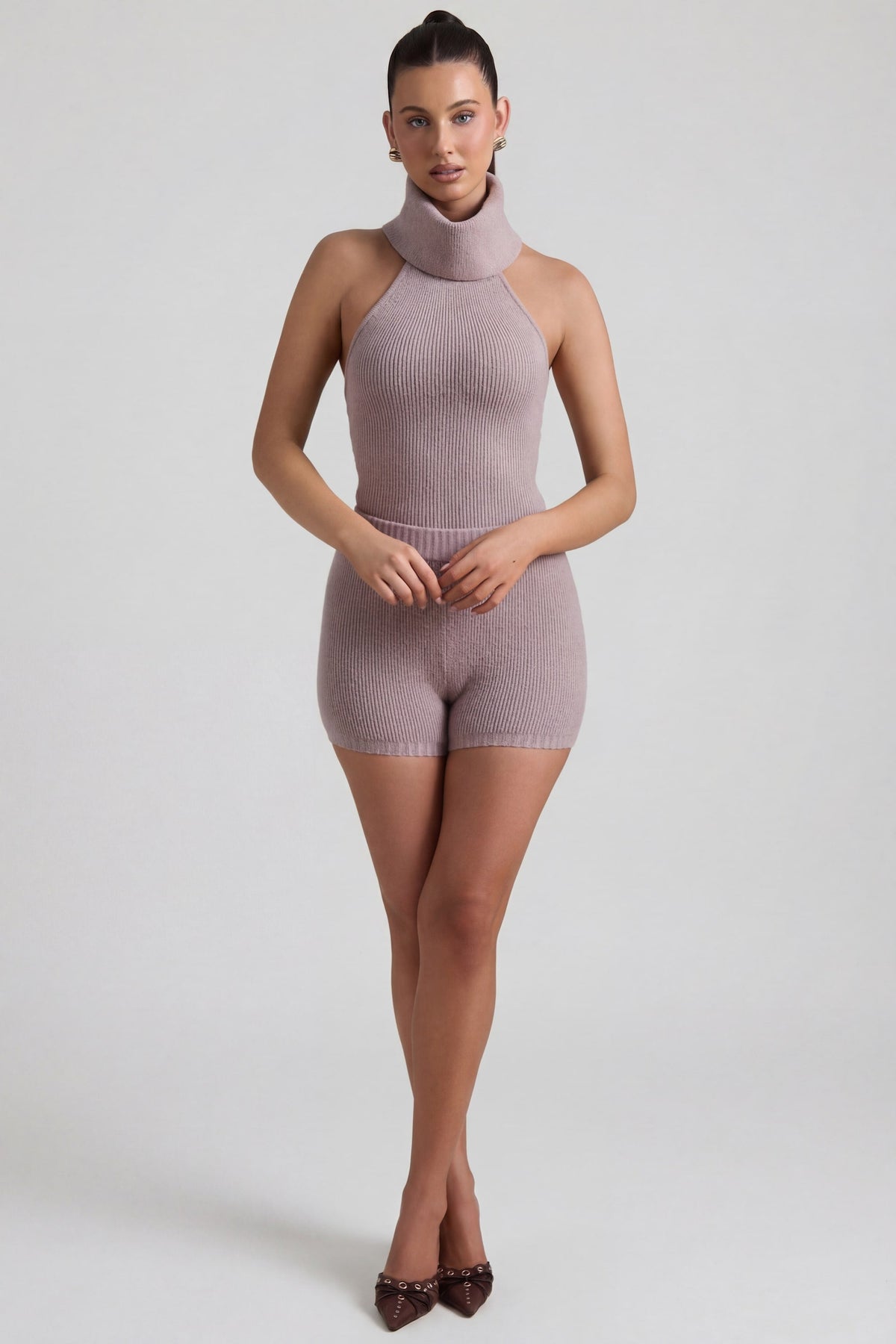 Ribbed-Knit Turtleneck Backless Top in Taupe