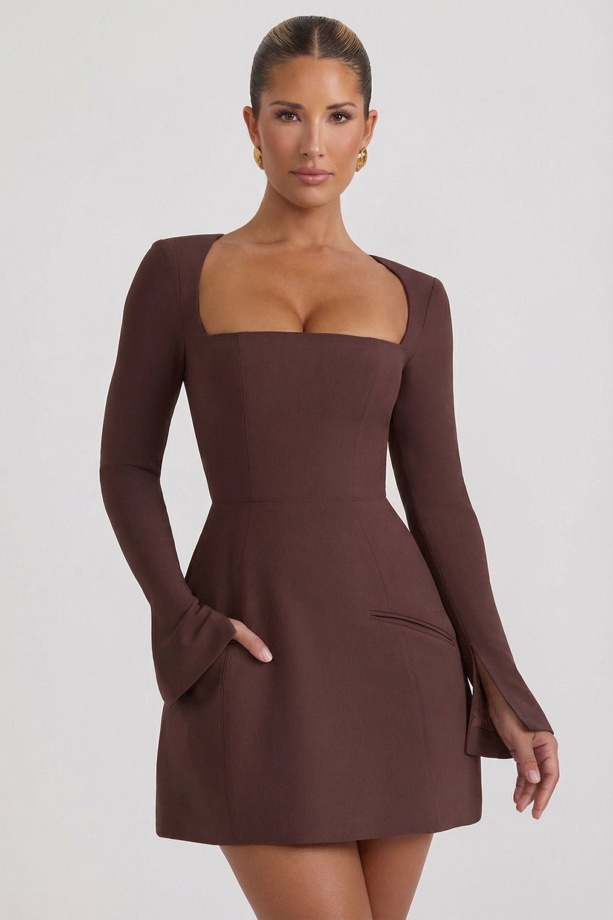 Square-Neck Structured Tulip Mini Dress in Chocolate Brown